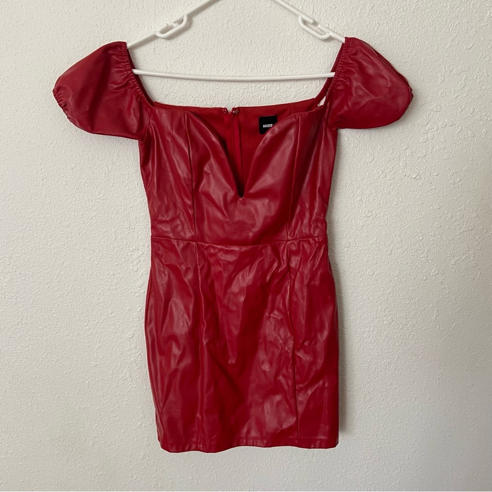 Plunging Neckline Red Pleather Party/Clubbing Dress Size M